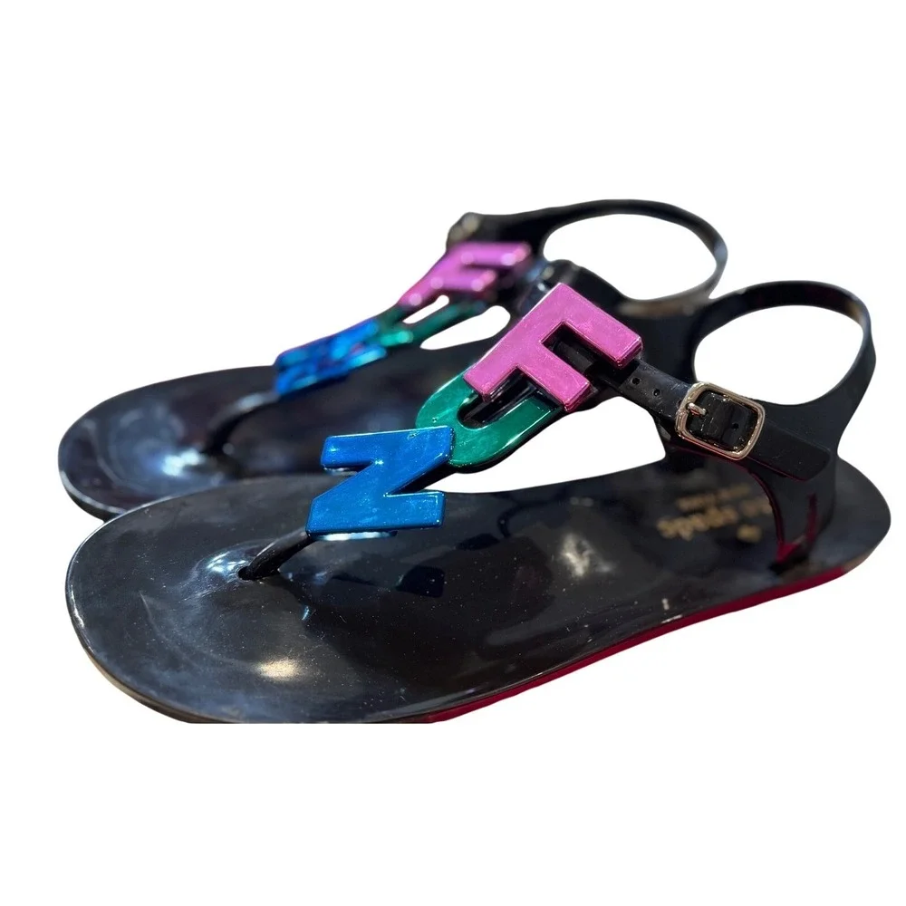 Kate Spade Women's FUN Letter Charms Fennix Black‎ Jelly Sandals 6 M